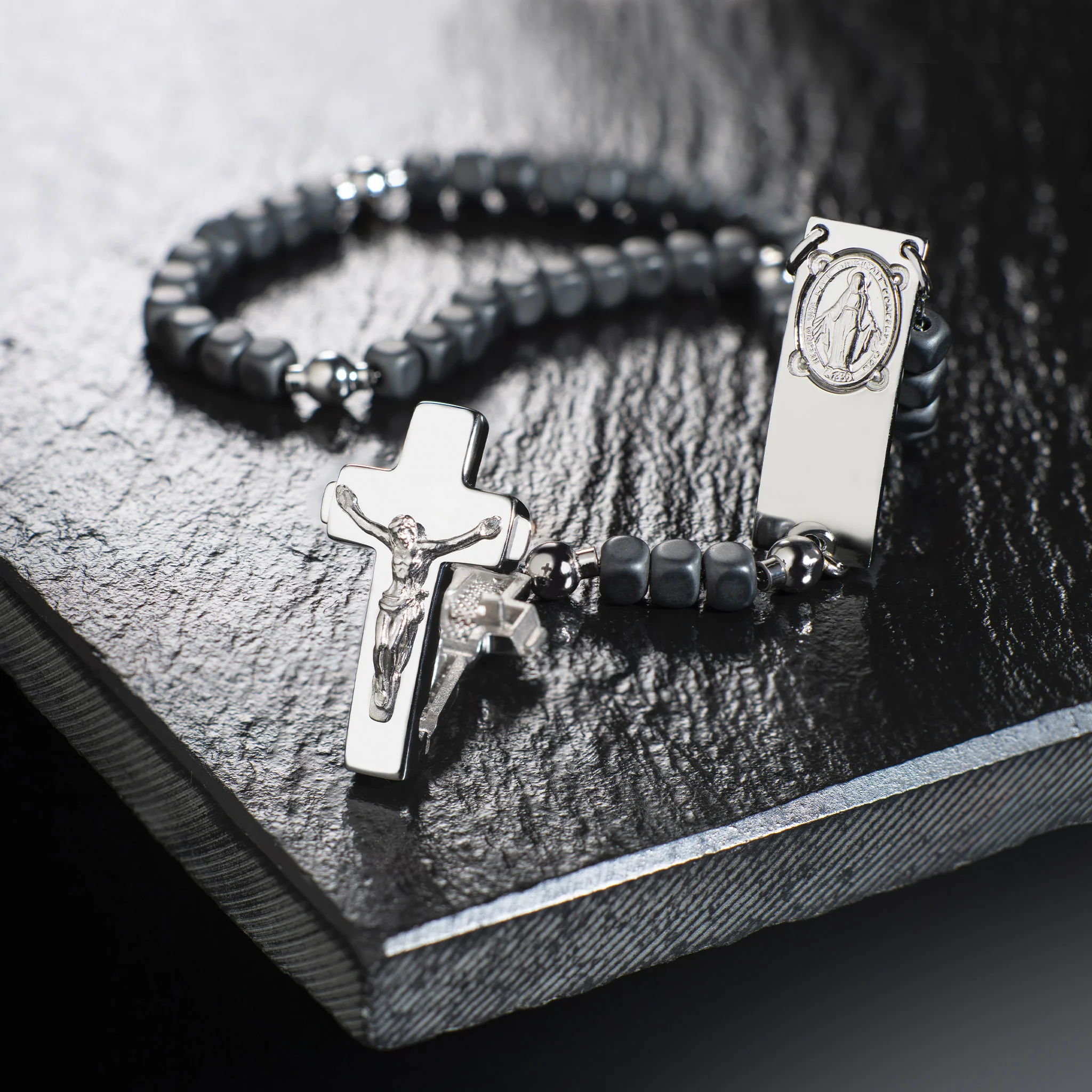 ROSALET® SQUARE MATTE HEMATITE BEADS, STERLING SILVER & ROUND PATER, TRADITIONAL - Image 4