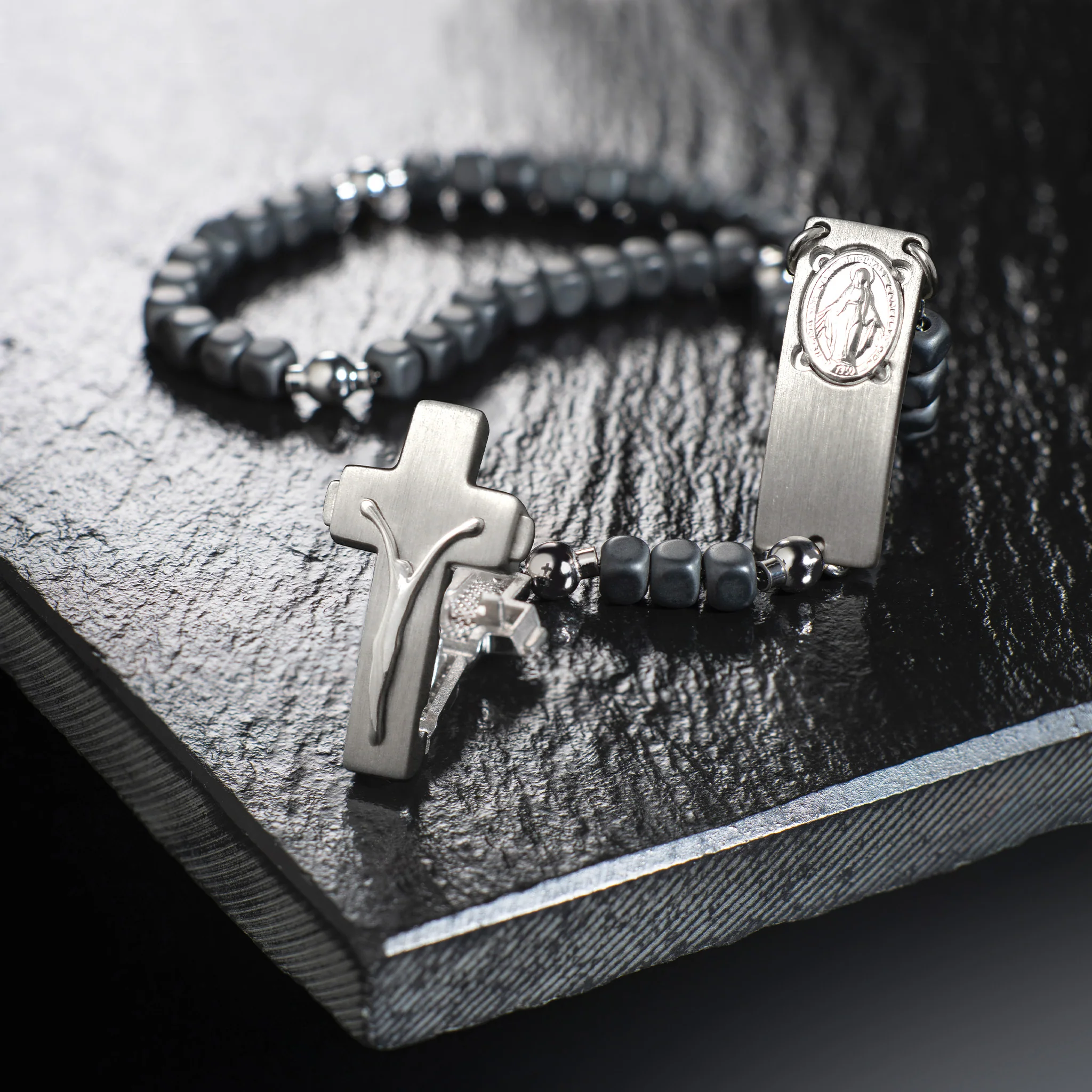 ROSALET® SQUARE MATTE HEMATITE BEADS, STERLING SILVER & ROUND PATER, MODERN - Image 4