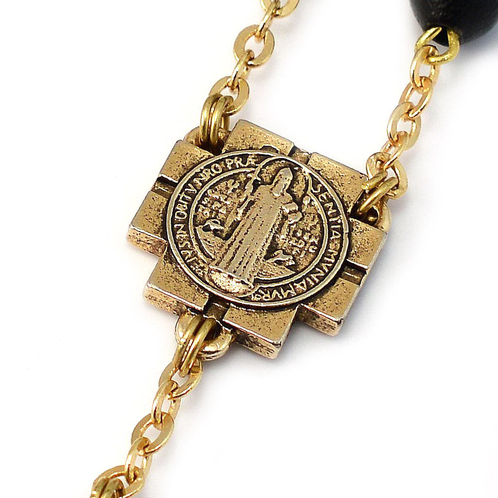 Saint Benedict Rosary with Black Italian Wood & Gold - Image 4