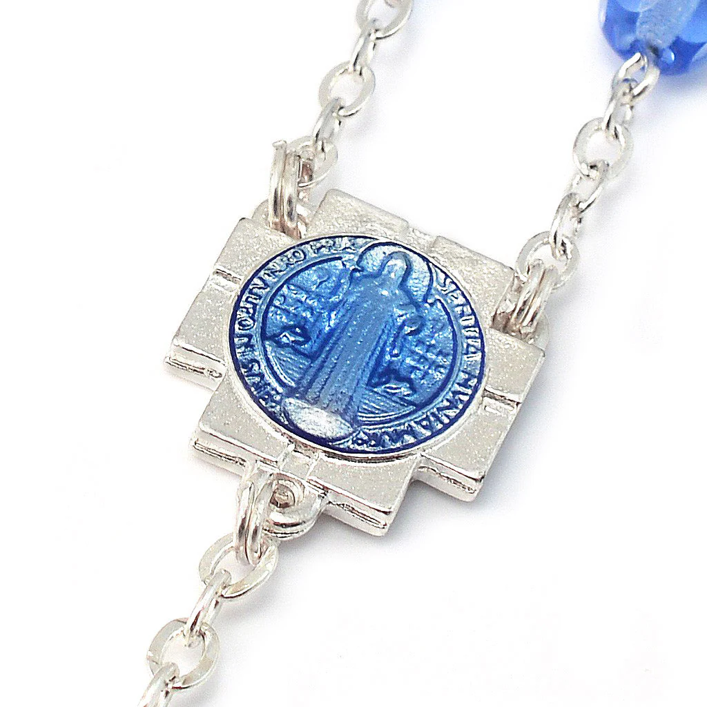 Saint Benedict Blue Enamel & Silver Rosary - Image 4