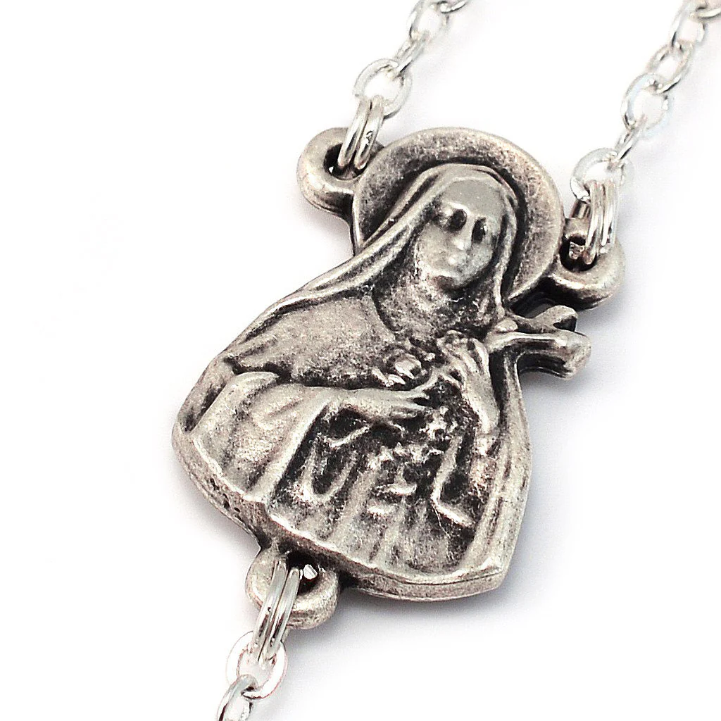 Saint Therese of Lisieux Red & Silver Roses Rosary - Image 4